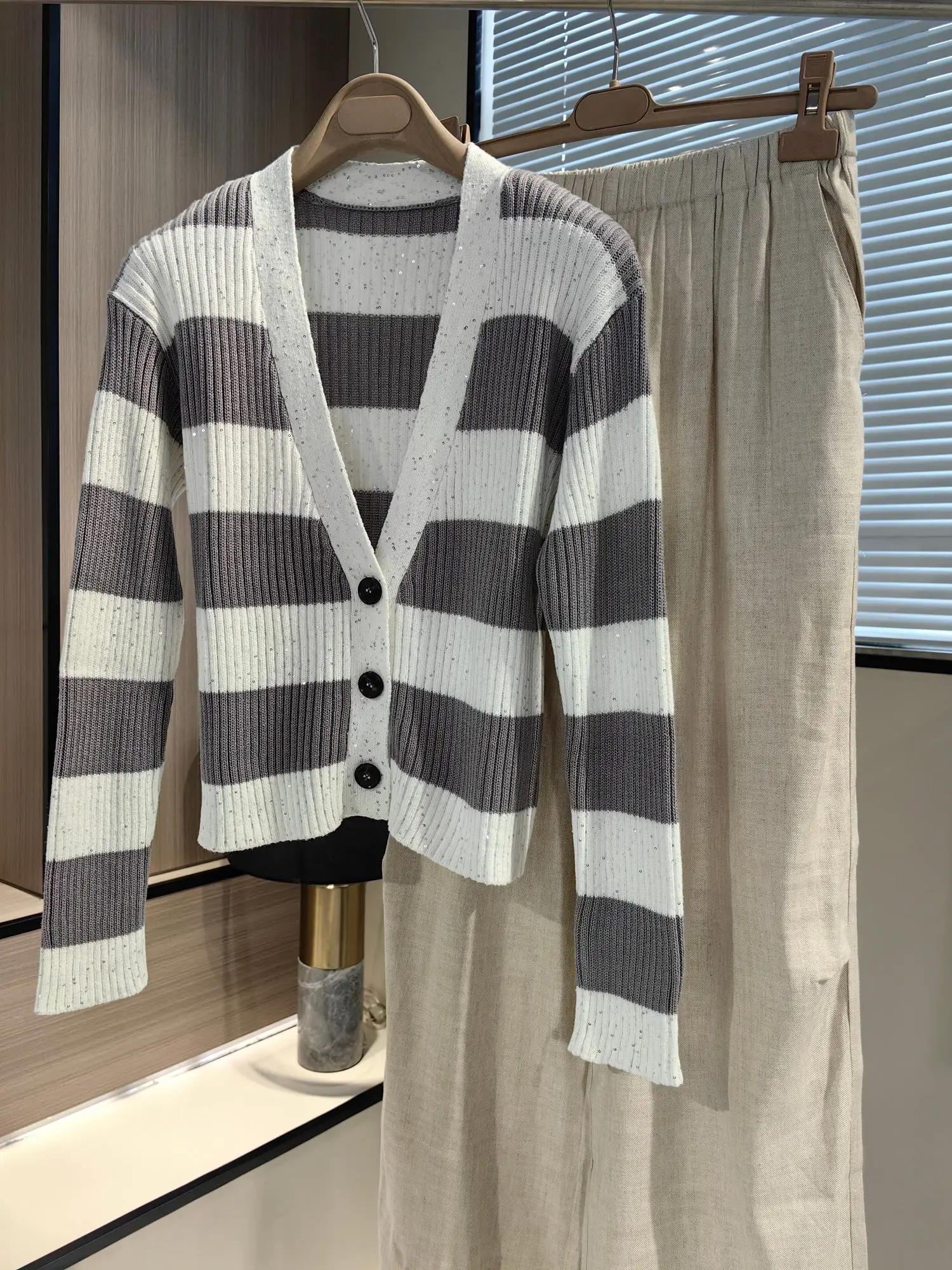 Осенний женский кардиган B * C Хлопковый вязаный свитер в полоску с длинным