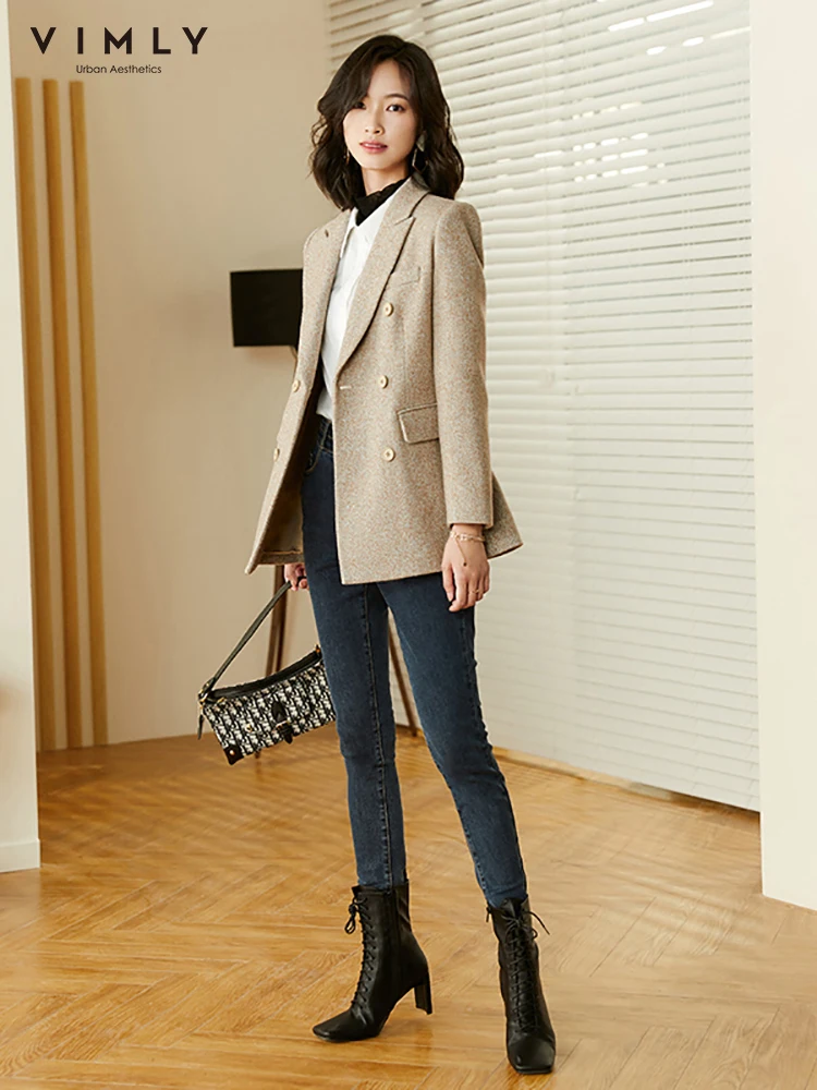 Женский двубортный Блейзер Vimly однотонный шерстяной пиджак в стиле ретро с