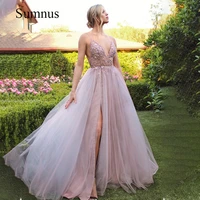 blush pink spgahetti straps evening dress corset sequined tulle prom dresses side slit backless v neck evening party gowns 2022