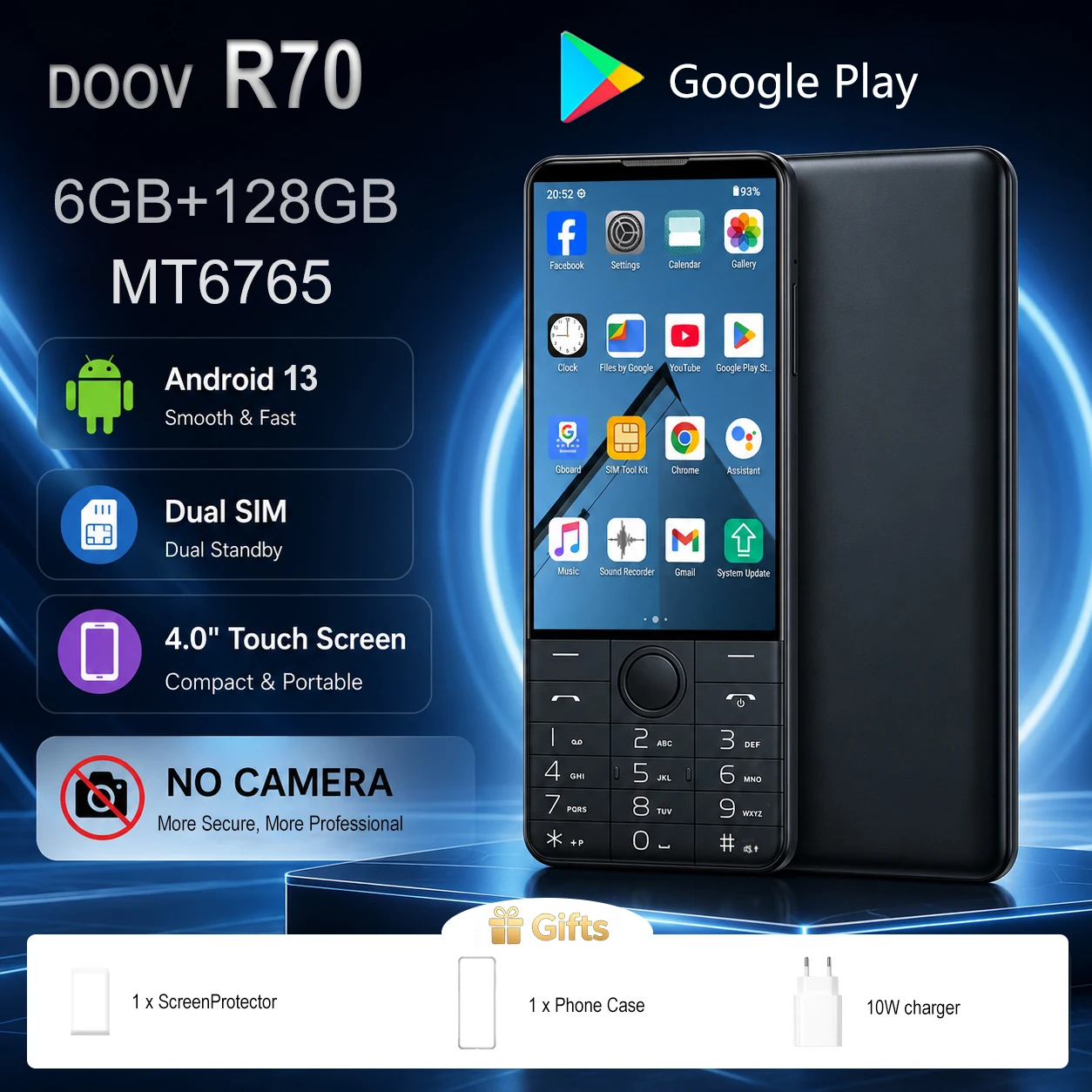 Фото Смартфон DOOV R70 без камеры, с двумя SIM-картами, MT6765, сенсорный экран, 4G, Android 13, клавиатура, 4 дюйма, 6 ГБ ОЗУ, 128 ГБ ПЗУ, 2600 мАч №1