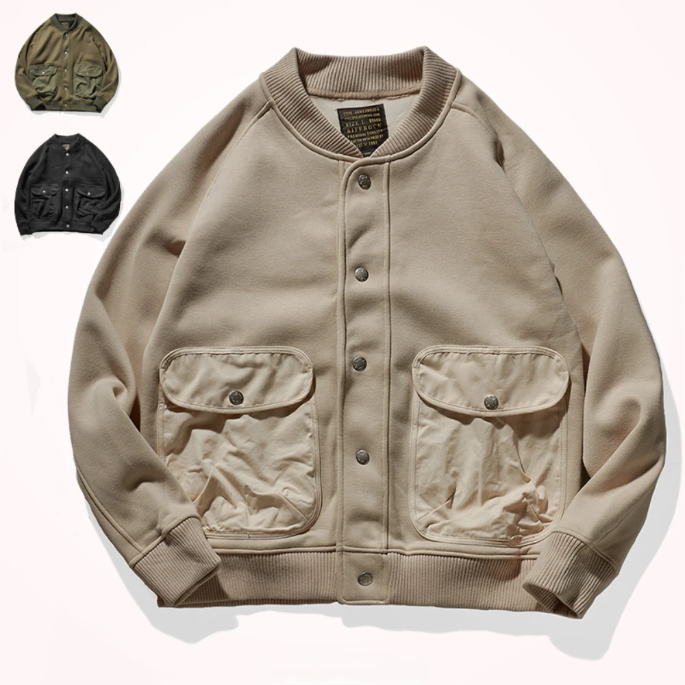 Retro tooling jacket men's autumn and winter plus velvet padded jacket loose collar cotton coat baseball uniform jacket