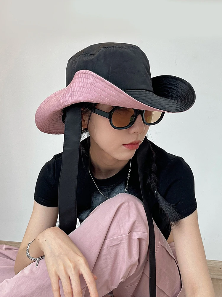 

Sun Protection Sun Hat Women Cowboy Bucket Hat Summer Lace-up Wide Brim Cap Fashion Korea Outdoor Beach Travel Visor Hat