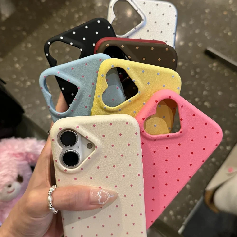 Фото Корейский кожаный чехол в форме сердца с милой любовью и камерой в горошек для iPhone 17 Air 16 Pro 15 14 13 12 Pro Max Japan Kawaii Girl Soft Cover №1
