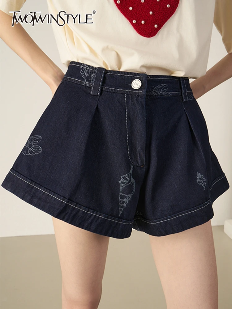 

TWOTWINSTYLE Casual Denim Shorts Skirt For Women High Waist Patchwork Loose Short Pants Female Summer Clothing Fashion 2022 New