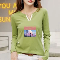 2022 v neck 100 cotton t shirt woman spring fashion long sleeve shirt womens t shirt loose korean style women shirts