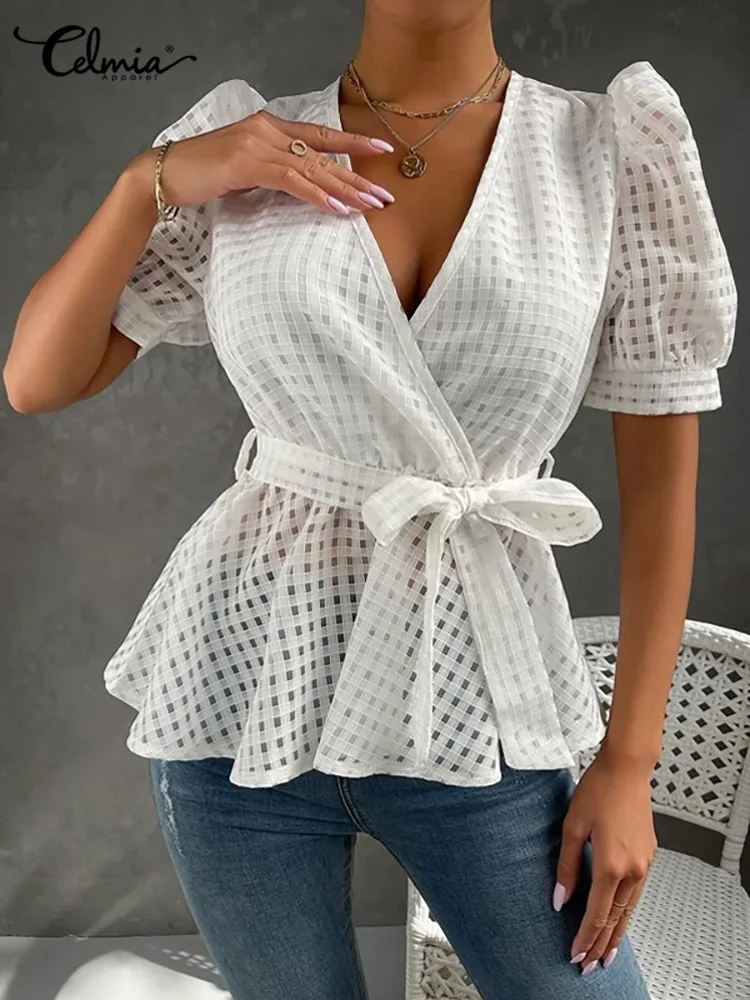 

Celmia Vintage Puff Sleeve Wrapped Tops V Neck See-through Plaid Women Office Lady Shirt 2022 Fashion Sexy Bandage Tunics Blouse