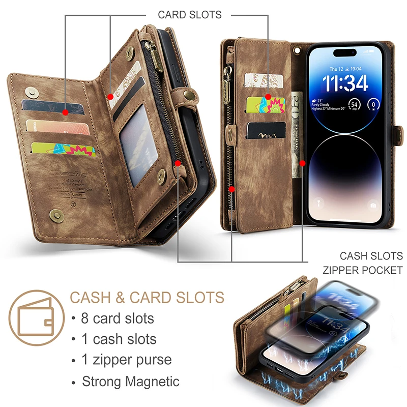 For iPhone 14 13 Pro Max 13 12 Mini 11 Pro SE 2020 6 6s 7 8 Plus XS Max XR 10 X XS Luxury Wallet Zipper Flip Leather Phone Cases