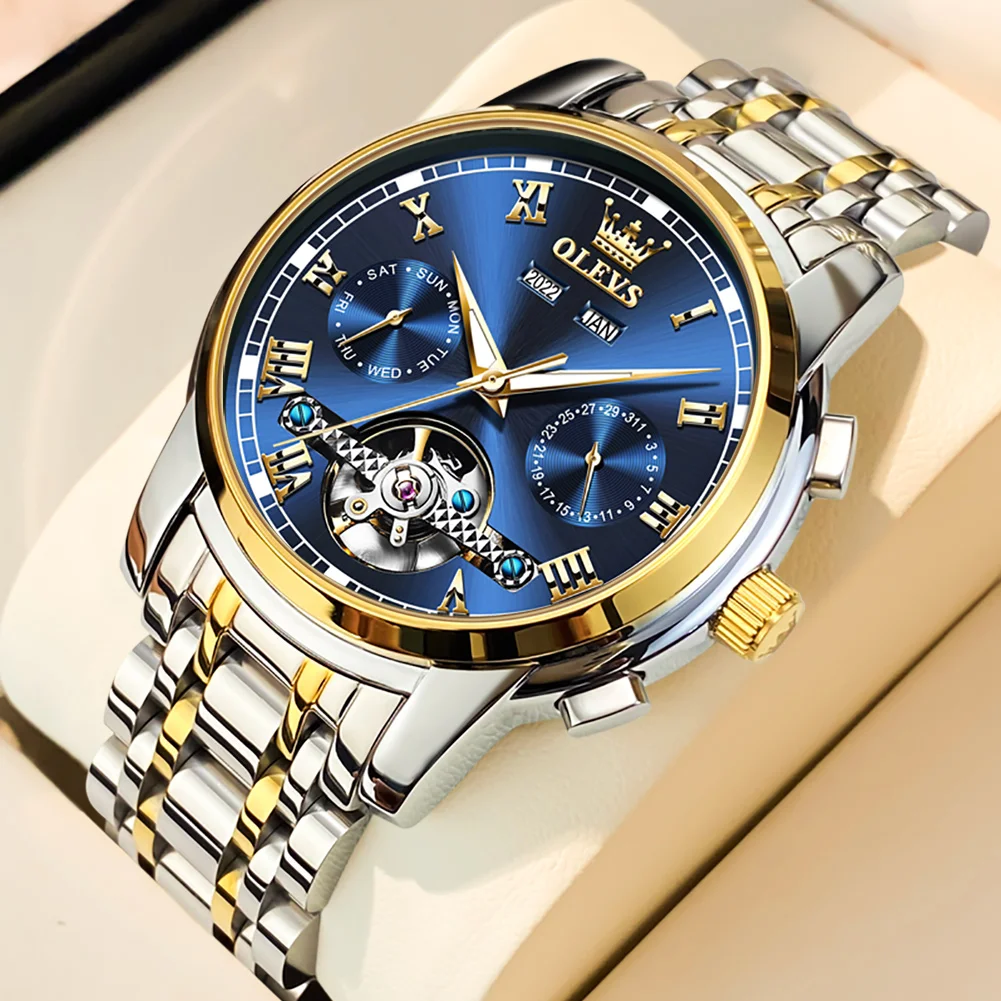

OLEVS Top Brand Automatic Mechanical Watches Men Waterproof Stainless Steel Skeleton Watch Date Luxury Dress Wristwatch Clock