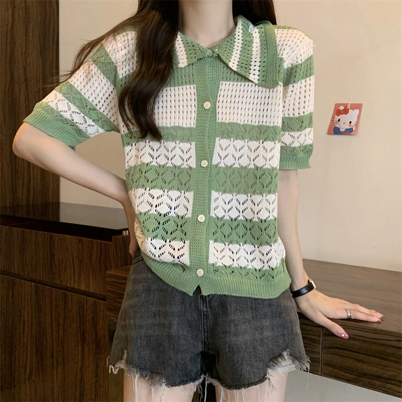 Ажурный полосатый вязаный кардиган Летние Стильные топы рубашки модные блузки