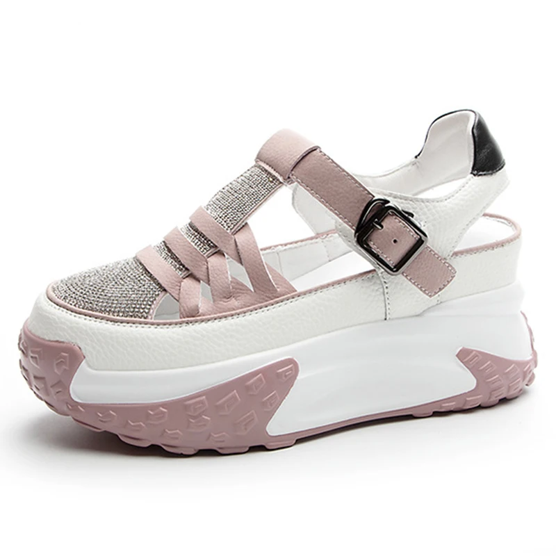 Rhinestones Deco Genuine Leather Comfy Hollow Sandals Breathable Shoe Chunky Sneakers Spring Summer Platform Wedge Women Shoes