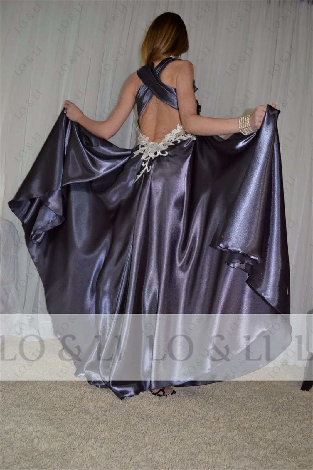 LO &amp LI винтажная пыльно-синяя атласная с аппликацией для церемоний женская