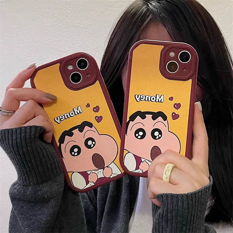 

BANDAI Silicone Leather Crayon Shin-chan Phone Case For iPhone 11/12/13 Pro Max 7/8 Plus Xs Max Retro Anime Smartphone Protector