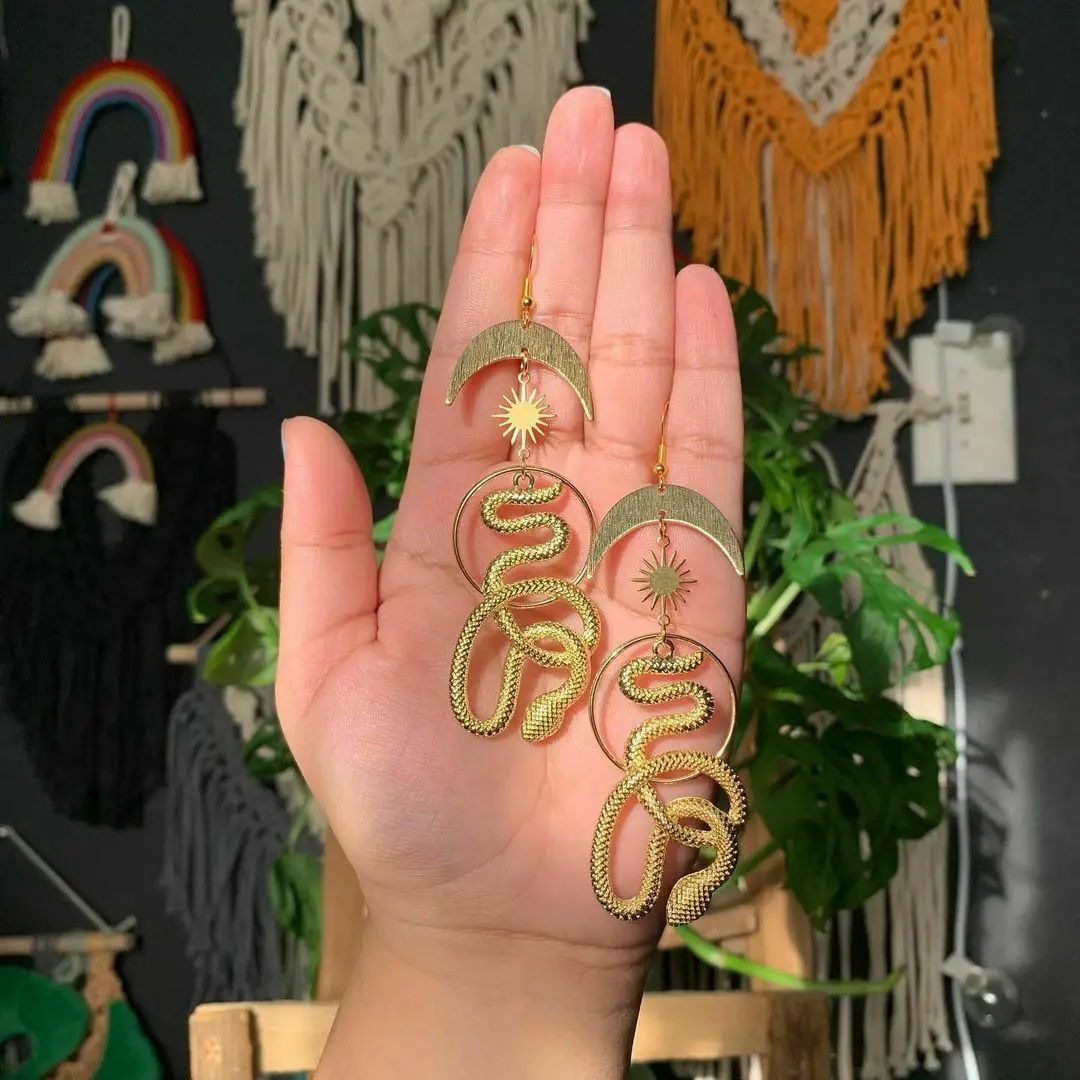 

Crescent Sun Snake Drop Earrings for Women Gold Color Snake Charm Hoop Earrings Gothic Witchcraft Jewelry Accessories Gift New