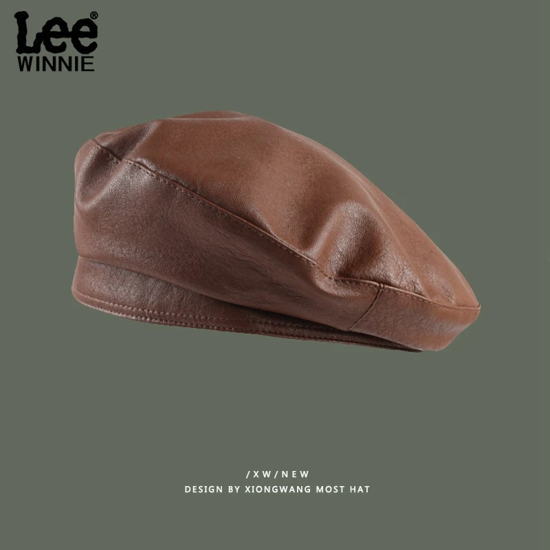 

Small designer beret female leather British vintage painter hat temperament leather hat autumn
