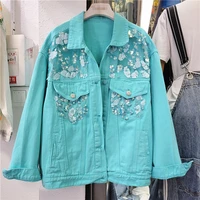 2022 spring autumn new hollow embroidered sequin jacket denim coat for women pinkwhite coats woman loose jean jackets outerwear