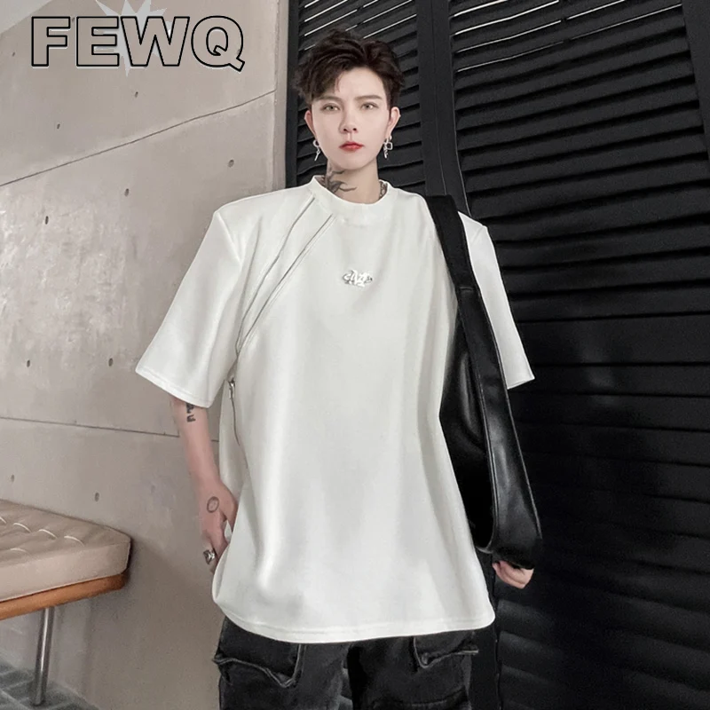 

FEWQ Men's Trend Zipper T-shirts Fashion Letter Casual Solid Color Short Sleeve Tops Niche Design Male Loose Tee 2023 New 9A8267