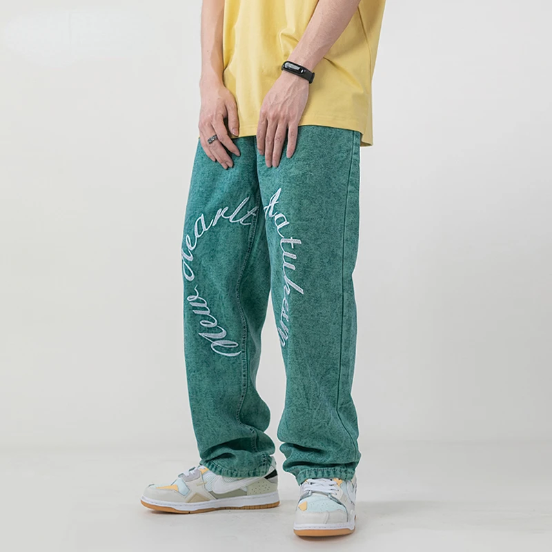Four Seasons Men's Jeans High Street Vibe Style Retro Green Embroidered Jeans Hip Hop Loose Wide Leg Pants Ins Hot Sale JEANS
