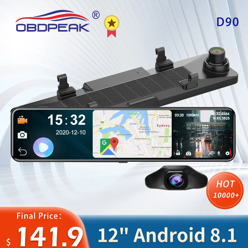 Android 8.1 4G+32G 4G 12 Inch Car Rearview Mirror Stream Media GPS Navi Dash Cam Dual Lens 1080P Camera Car Dvr ADAS Super Night