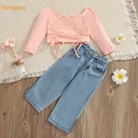 toddler children girls autumn full sleeve lacing solid top shirts denim pants kids baby clothes set 2pcs 12m 5y