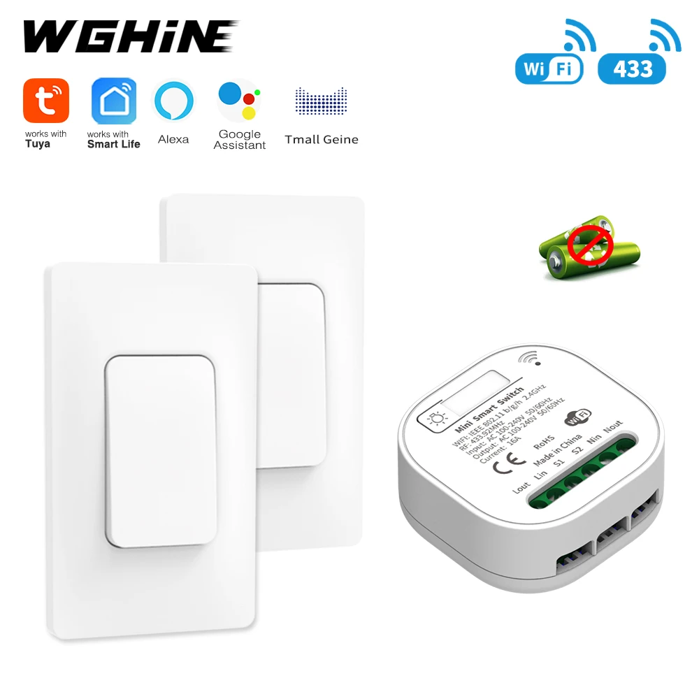 

WGHINE Rectangle Tuya Wifi US Switch Self Powered 433Mhz Remote Control Push Button Wall Switch for Smart Life Alexa Google Home