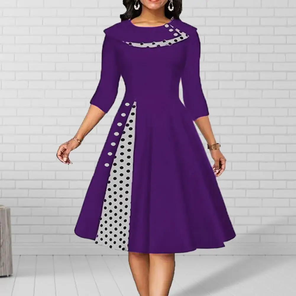 

Popular Stitching O-neck Spring Autumn Elegant Dot Patchwork Print A-Line Midi Dress Streetwear Midi Dress Female Dress