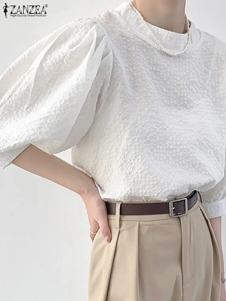 Женская клетчатая рубашка ZANZEA с воротником-стойкой лето 3/4 топы пышными рукавами