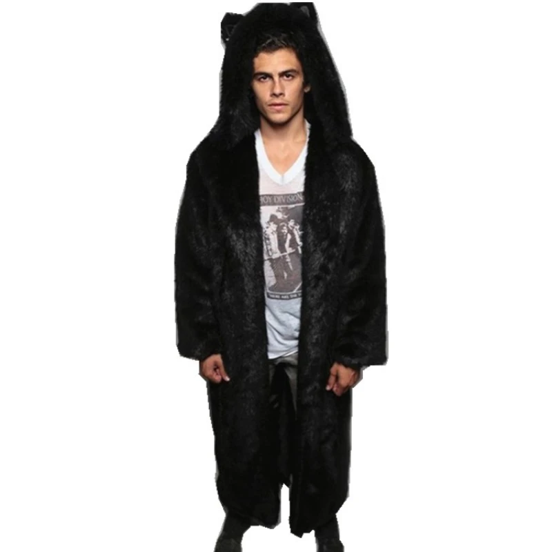 Мужское меховое пальто зимнее Удлиненное из искусственного меха с капюшоном для