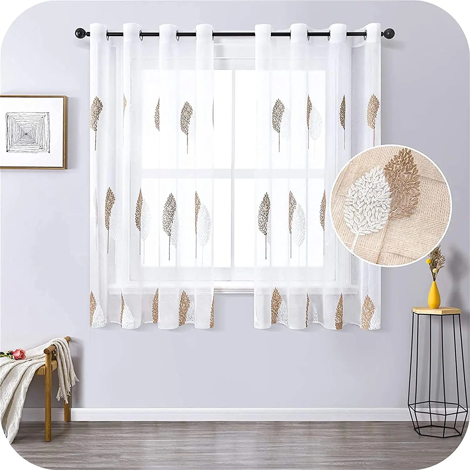 

LISM Modern Leaf Embroidery Short Sheer Curtains for Living Room Bedroom Kids Cortinas Tulle Kitchen Window Treatment Drapes