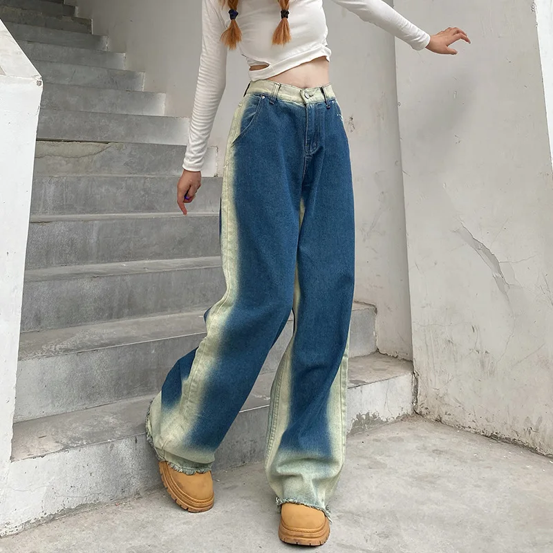 

Simple style vintage high waist straight jeans women's gradient fade washed loose wide leg mop trousers wide leg jeans