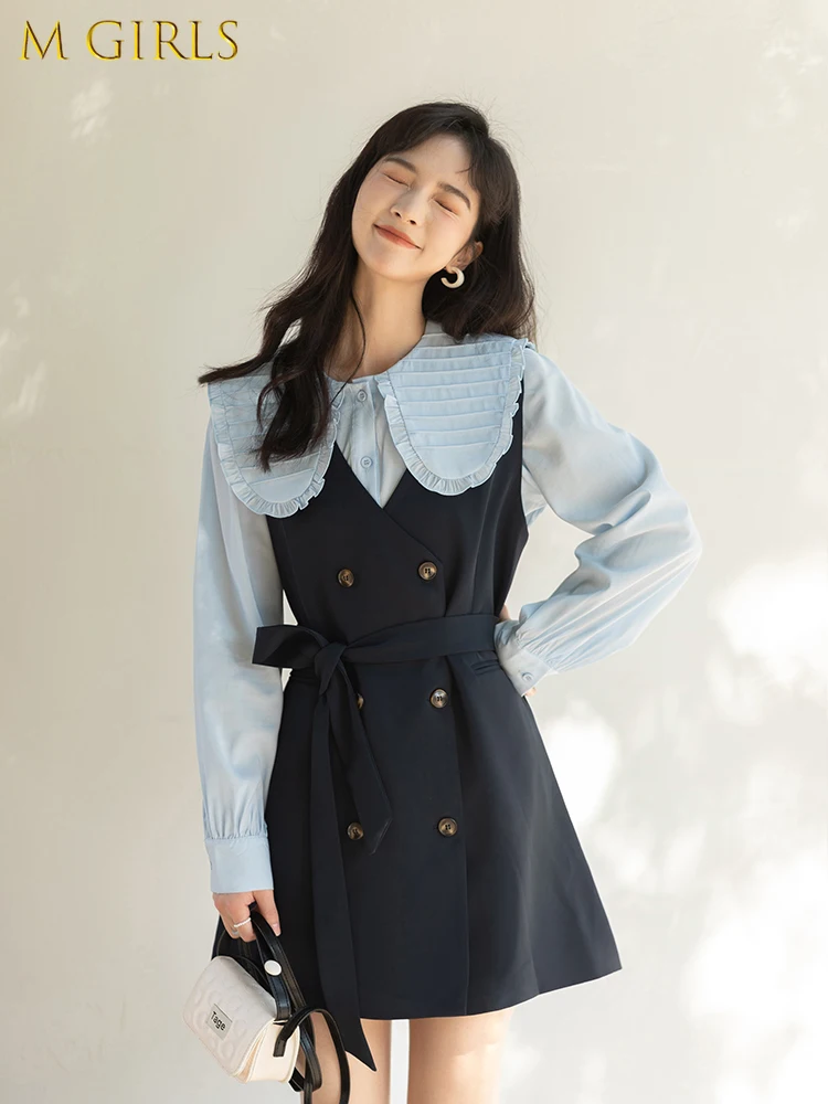 M GIRLS Spring Vest Dress Korean Doll Collar Shirt 2PCS Set Long Sleeve Elegant Shirt Female Clothing sold separate