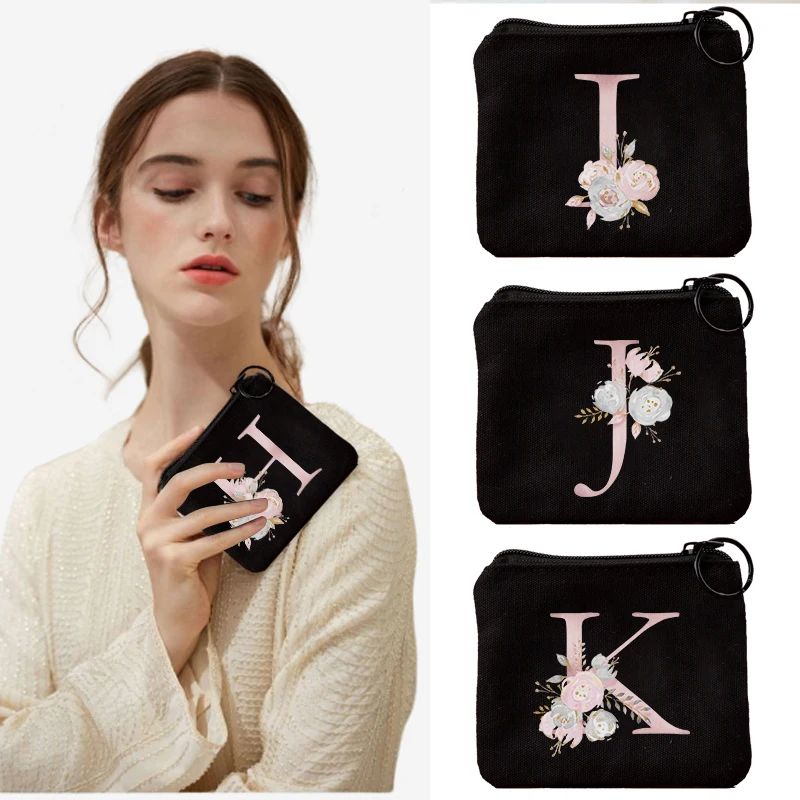 

Женский холщовый Кошелек для монет, маленькая сумочка на молнии с розовым цветком и надписью, милый Дамский клатч для мелочи