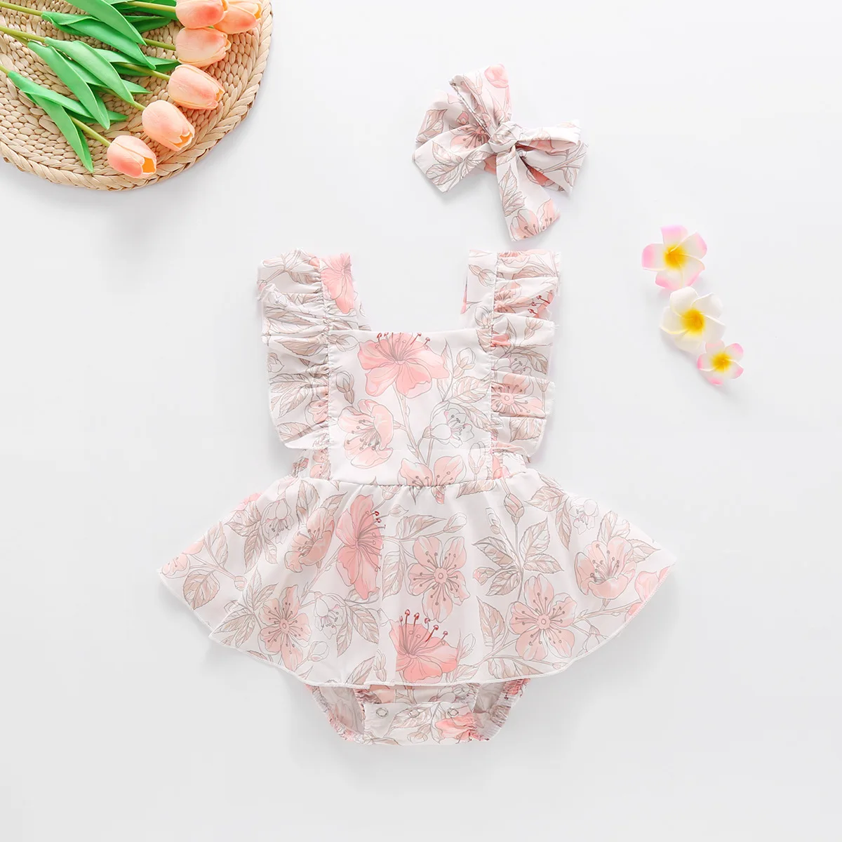 

Baby Girl Clothes Sweet Floral Print Dress Bodysuit Cute Flower Romper Headband 2Pcs Summer Ruffle Sleeve Outfits Fashion Sweet