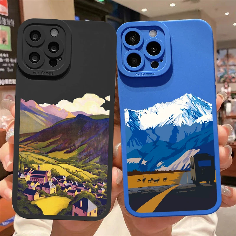 

Aesthetic Art Hand Painted Pattern Mountain Scenery Phone Case for iphone 14 11 12 13 Pro Max X XR XS 7 8 14 Plus SE 2020 Covers