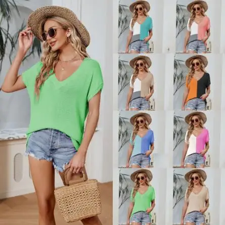 

Women T-shirt 2023 Summer Short-sleeved V-neck Shirts Fashion Mixed Colour Patchwork Tops Vintage Casual Elegant Ladies Clothing