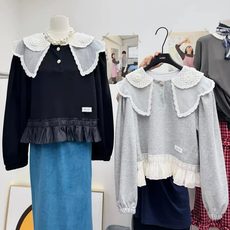 Весенне-осенние женские винтажные черные лоскутные блузки с оборками топы Mujer