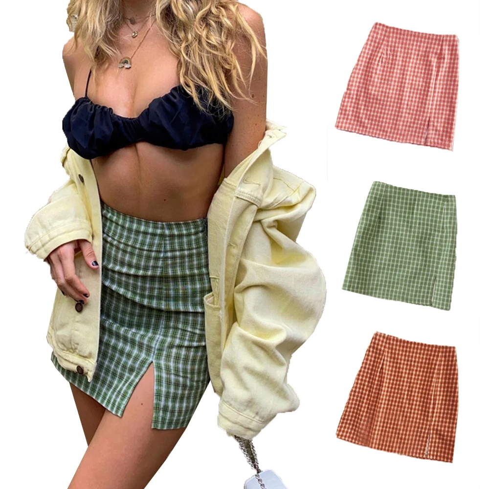 

Summer Women Plaid Cotton Mini Skirt Fashion All-Match High Waist Zipper Jupe Slim Sexy Side Split Wrap Hip Bodycon Lsdy Skirts