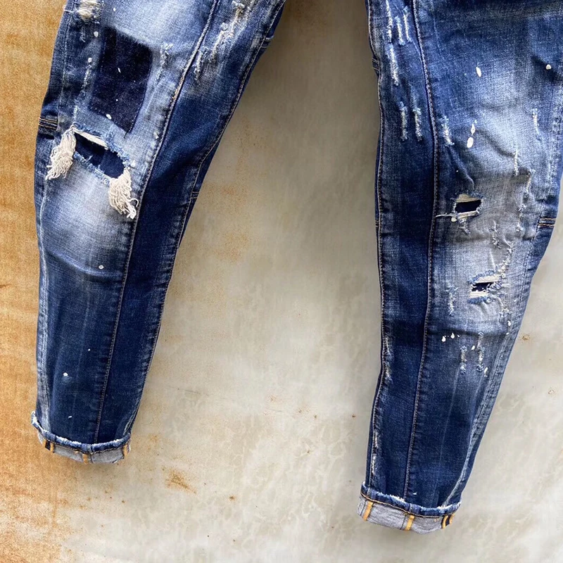 2023 New Starbags DSQ Trendy Men's Wash, worn patches, paint, hand stitches, small feet, dark blue jeans for men