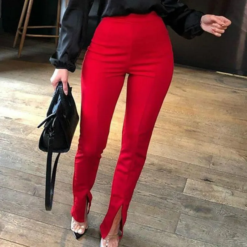 

Women NEW Autumn Casual Tight Fit Leg Opening Split Pants Solid Color OL High Waist Fashion Streetwear Trousers Red Black Khaki