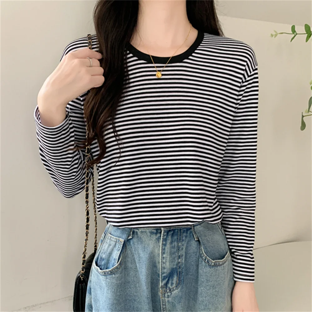 

PLAMTEE Basewear T-Shirts Women Slim Outwear Hot Casual Autumn Chic 2022 New OL Full Sleeve Fashion All Match Loose Stripes Tees