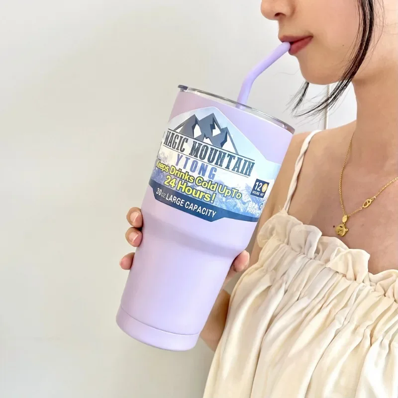 Автомобильная чашка 30 унций/900 мл кофейная с соломинкой для льда из нержавеющей