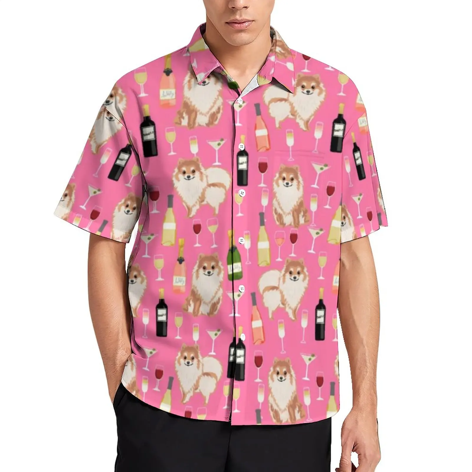 

Wine Lover Pirnt Beach Shirt Men Pomeranian Dog Casual Shirts Hawaiian Graphic Blouses Short-Sleeve Stylish Oversize Clothing