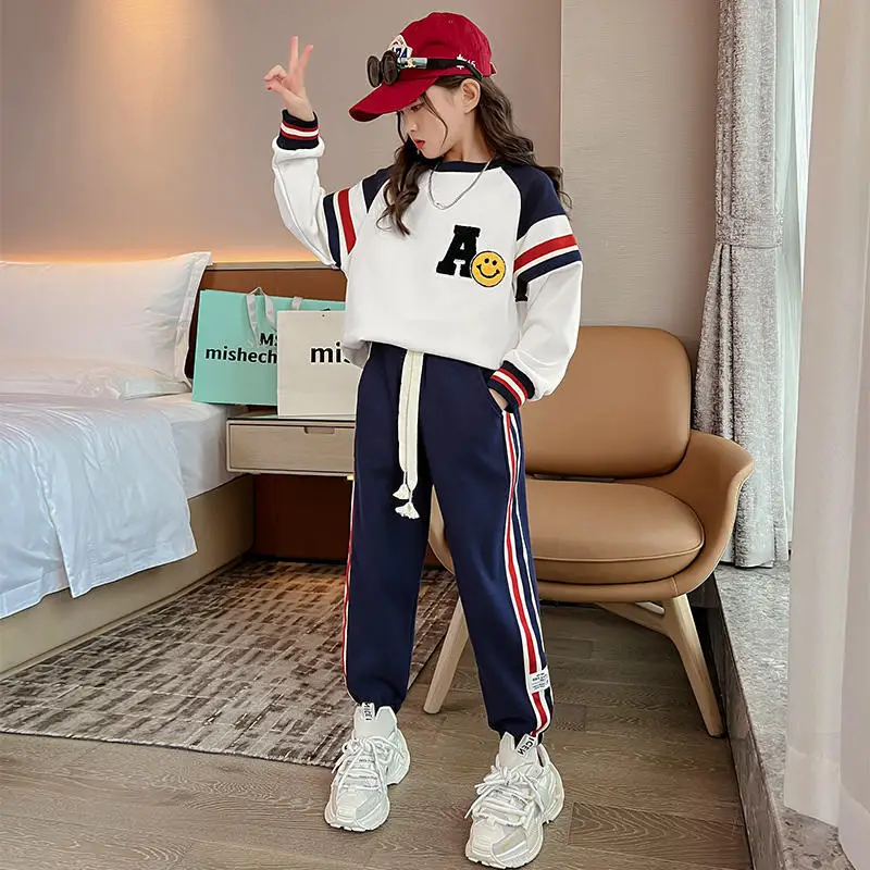 

Детская одежда, спортивный костюм для девочек, одежда на весну и осень, новинка, Модный повседневный комплект из двух предметов для девочек-подростков, комплект из брюк в полоску