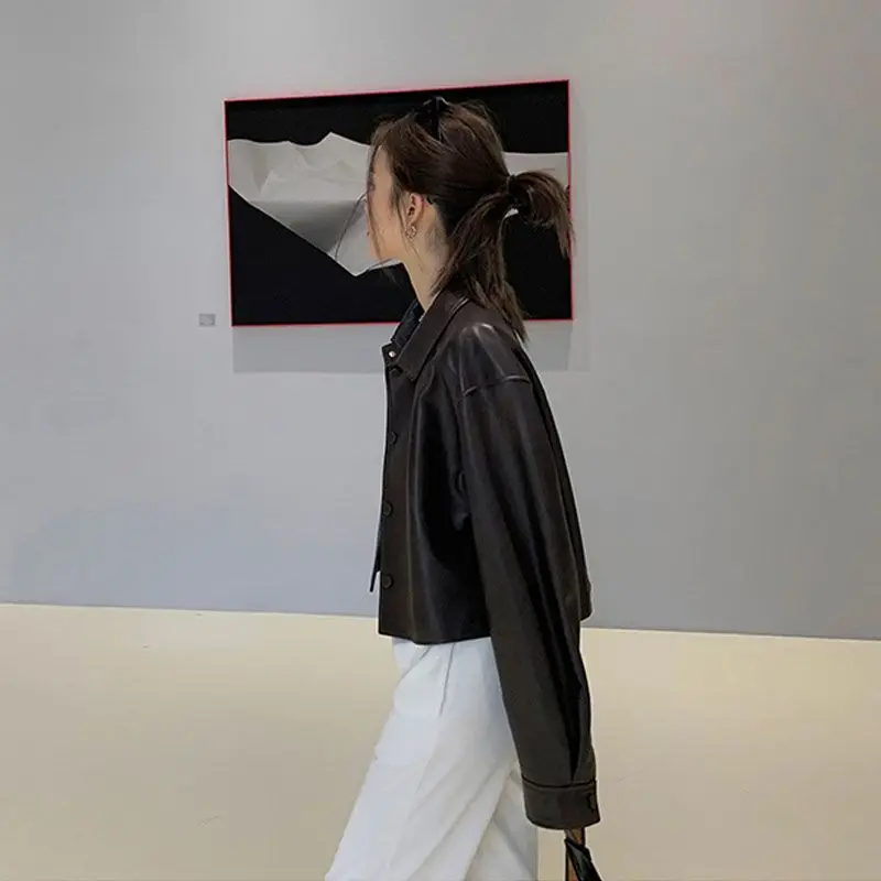 Vintage PU Leather Jacket Women Button Up Lapel Collar High Waisted Motorcycle Jackets Spring Fall Outfits Coats