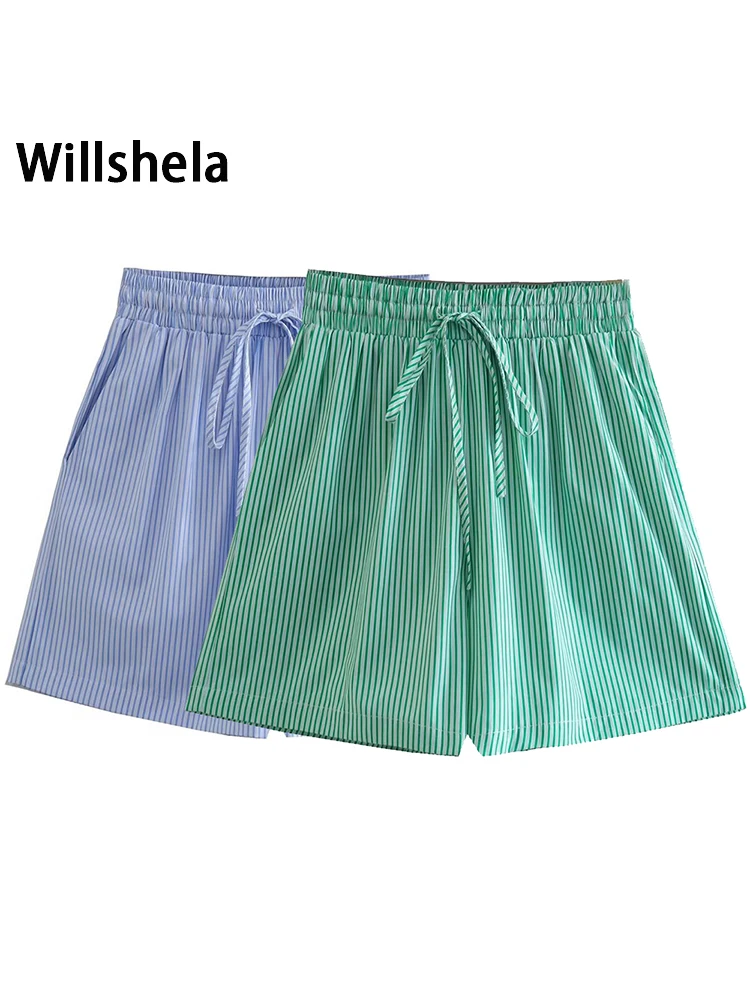 

Willshela Women Fashion Striped Elastic Waist Shorts Vintage High Waist Female Chic Lady Shorts
