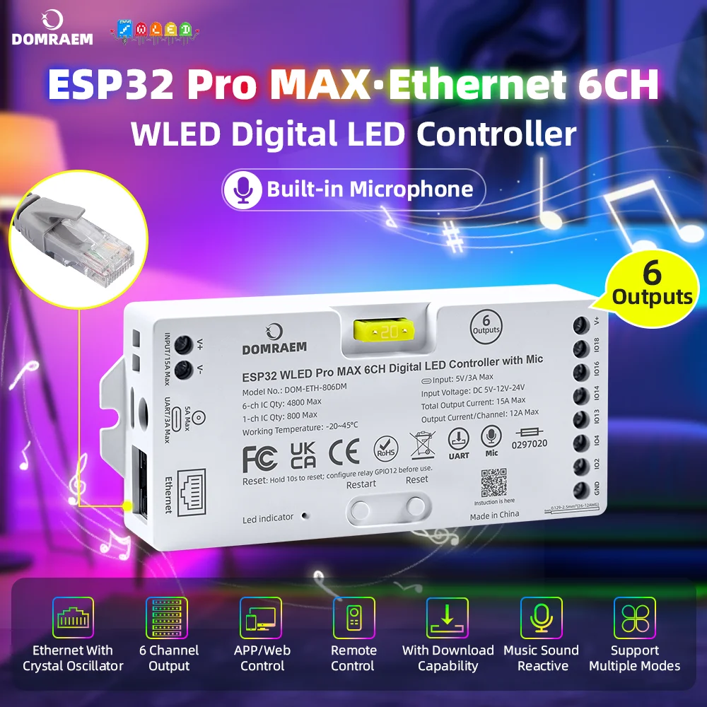 Фото DOMRAEM ESP32 Pro MAX WLED 6-канальный цифровой контроллер светодиодных пикселей Ethernet WiFi UART PDM Mic Relay с синхронизацией музыки для WS2812B SK6812, совместимый с Alexa №1