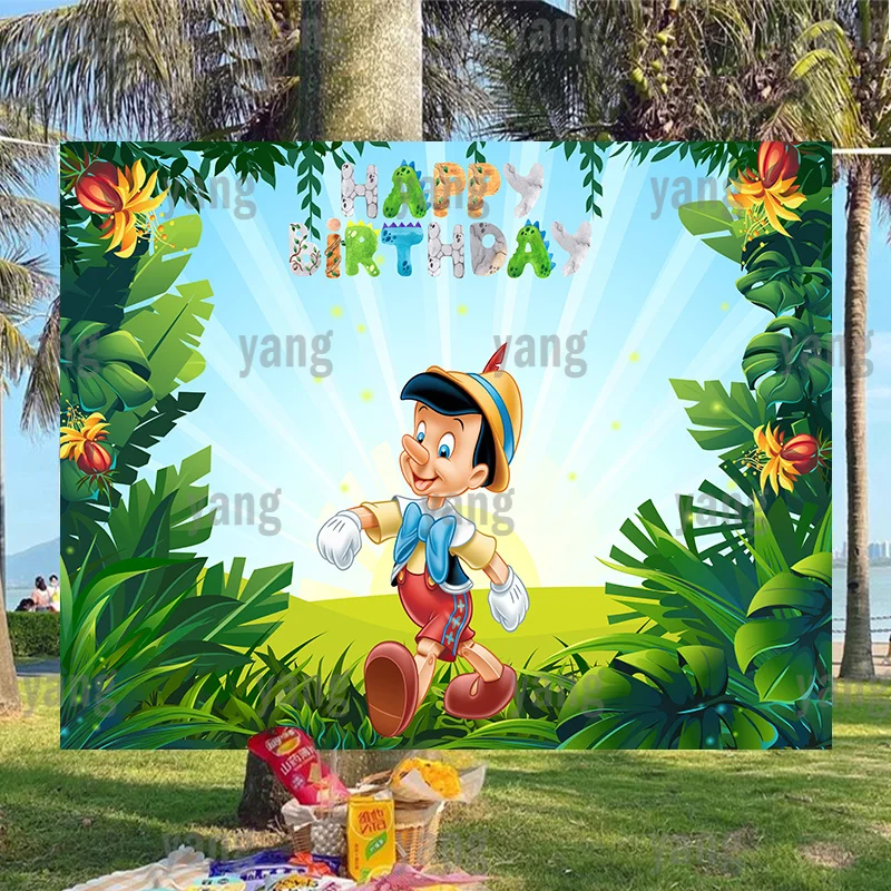 

Disney Cartoon Lovely Blue Bow Baby Pinocchio Happy Newborn Birthday Party Decoration Outdoor Forest Backdrop Background Banner