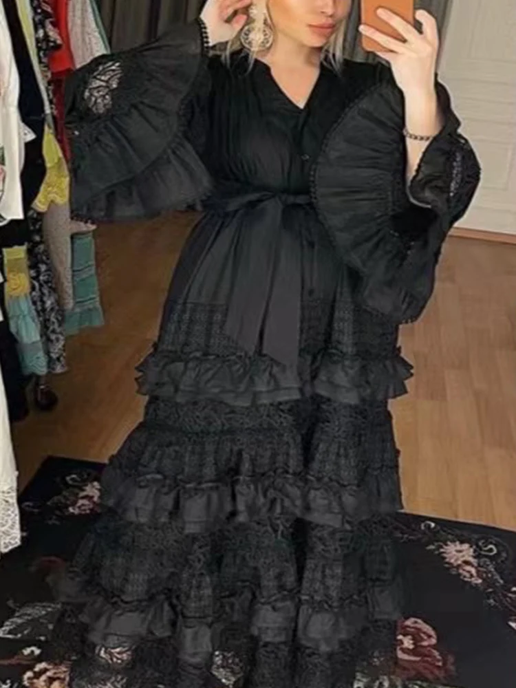 Осеннее новое высококачественное женское свободное платье с рюшами и полыми