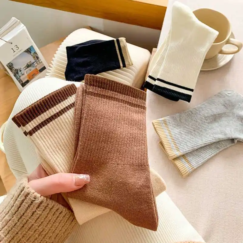 Yasuk All Season Women's Fashion Soft Print Stripe All-Match Lovely Girl Casual Sporty Comfortable High Socks 5Pcs Student