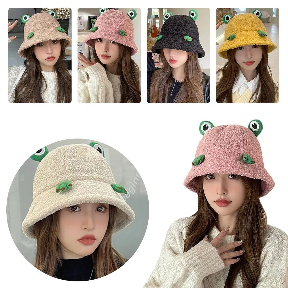 

5 Colors Velvet Frog Hats Lamb Faux Warm Female Hat Fur Bucket Hat Outdoor Fisherman Hat Winter Cap Frog Hats