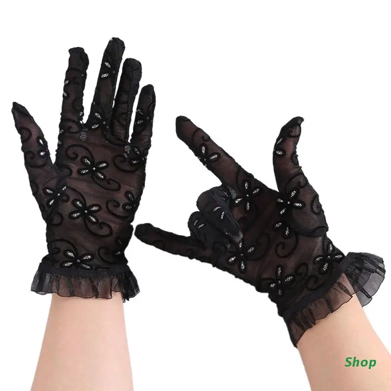 

L5YC Lace Rhinestone Gloves Black Short Stretch Lace Glitter Bar Gloves for Girls